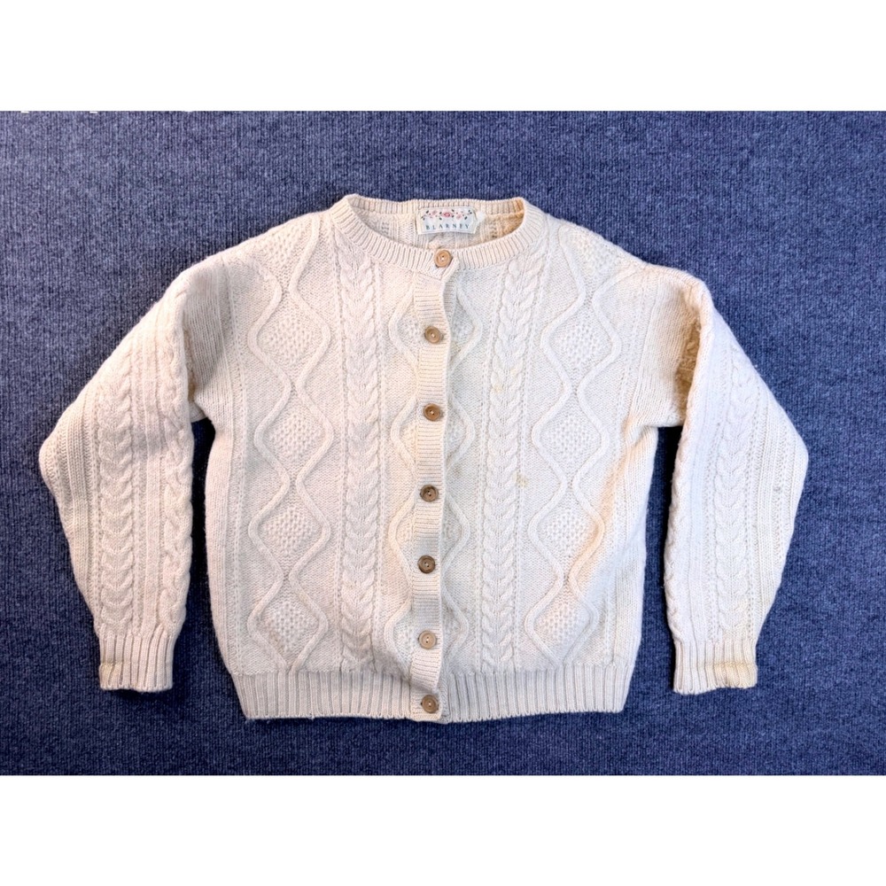 Blarney Woollen Mills Cream Pure New Wool Cable Knit Cardigan Sweater Womens S/M